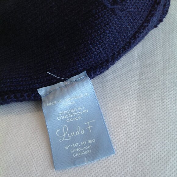 Lindo F Dark Blue Rhinestone Logo Merino Wool Real Fur Pom Pom Hat main image 5
